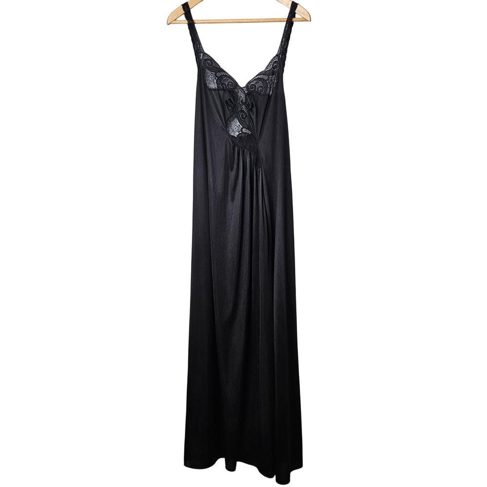 Kayser Vtg Large Black Lace Trim Maxi Nightgown Slip Dress Made in USA Womens